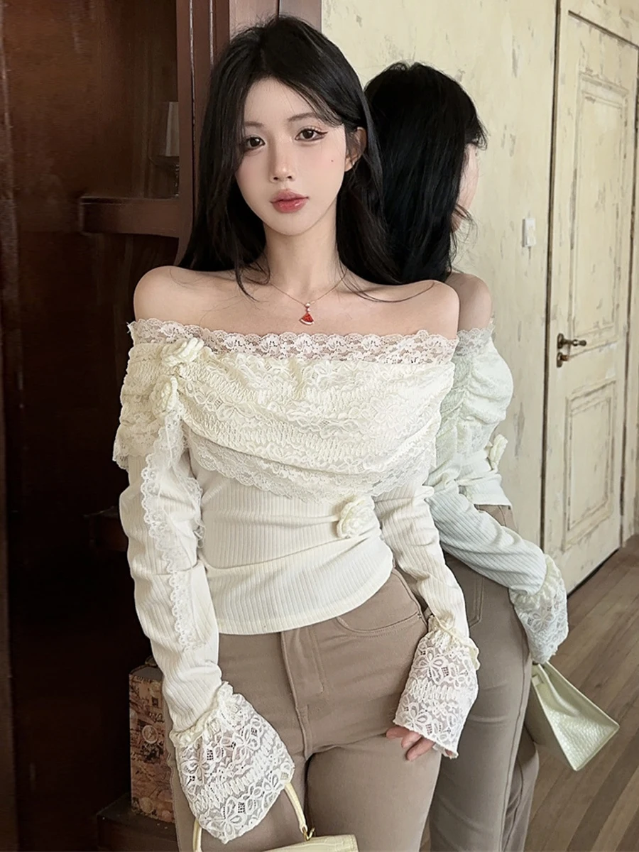 Sweet Floral Lace Hollow out Long Sleeve T-Shirt Korean Style Slim Fit Pleated Weight Loss  Color Short Top for Women