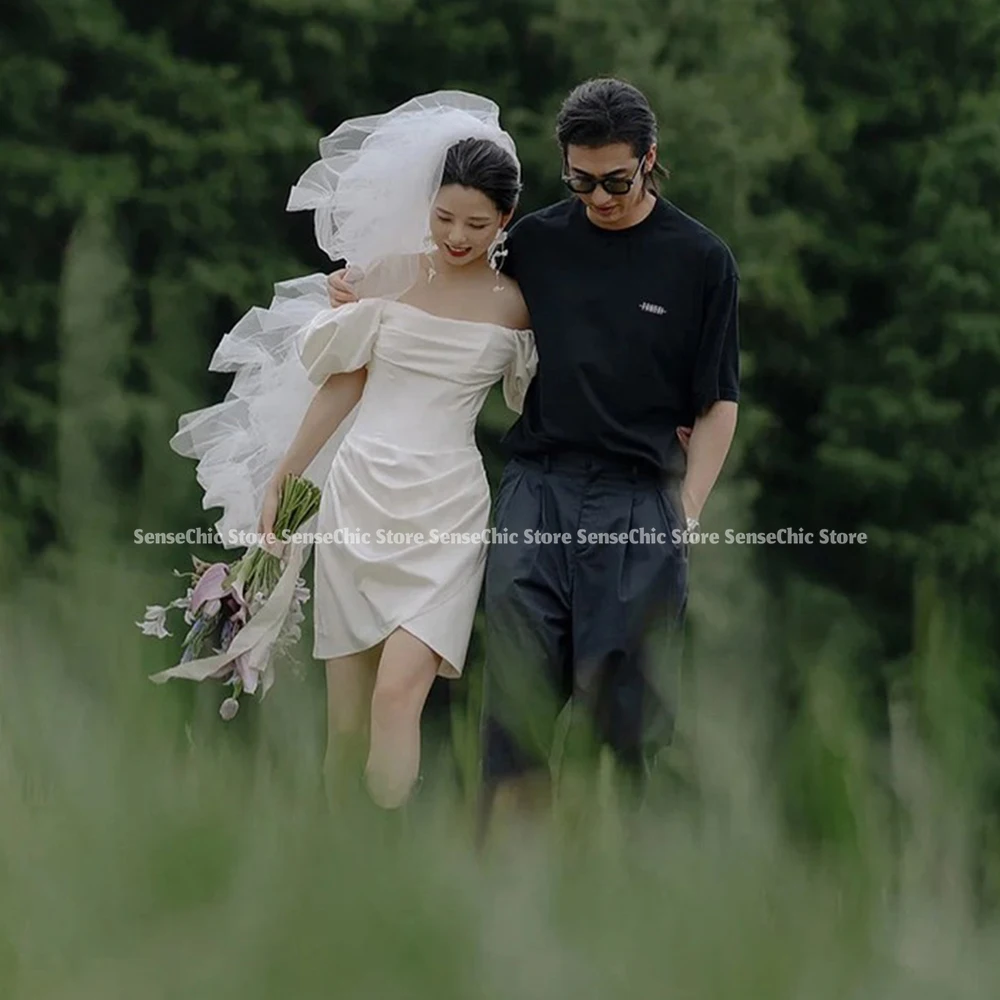 Puff Sleeve Wedding Dresses Satin Layered Ruffle Mini Formal 코리아 웨딩드레스 Simple Birthday Bride Gown Dress Customize