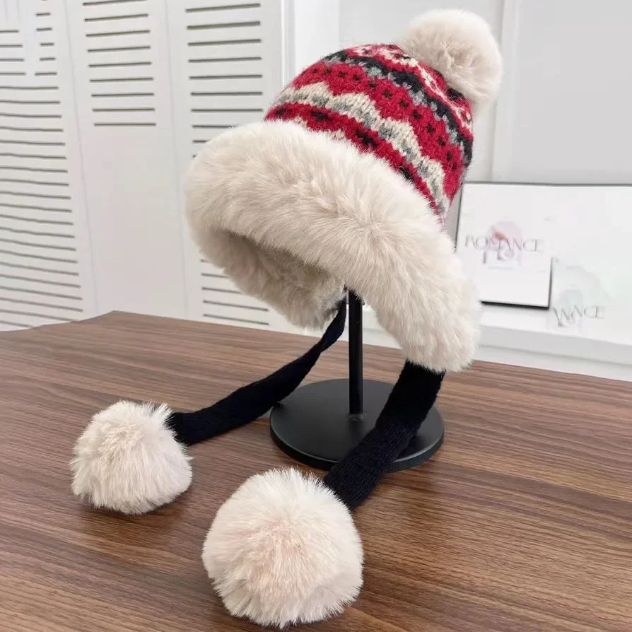 

Winter Wool Knitted Bomber Women Hat Warm Thicken Outdoor Sking Pilot Earflap Russian Cap Ushanka Fur Fluzzy Luxury Hairball Hat