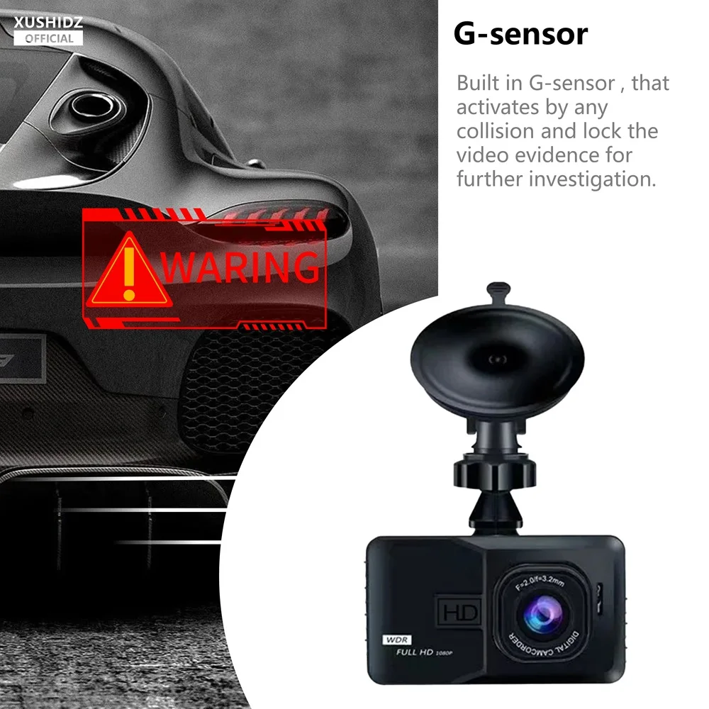 XUSHIDZ 2024 NEW Dash Camera Vehicle Car Camera Video Recoder DVR Night Vision Loop Recording 1080P 3-inch Parking Monitor HD