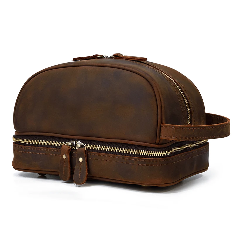 Fashion High Quality Small Travel Bag Crazy Horse Leather Travel Wallet Storage Bag Washing Make Up Bag For Travel toiletry bag image 3