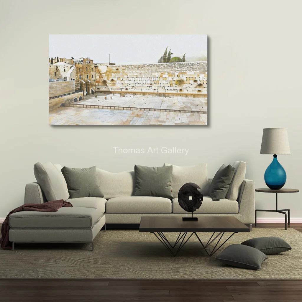 Oversized Abstract Impressionist Kotel Jerusalem Canvas Prints HD Grey Blue Landscape Artwork for Modern Entryway Study Room