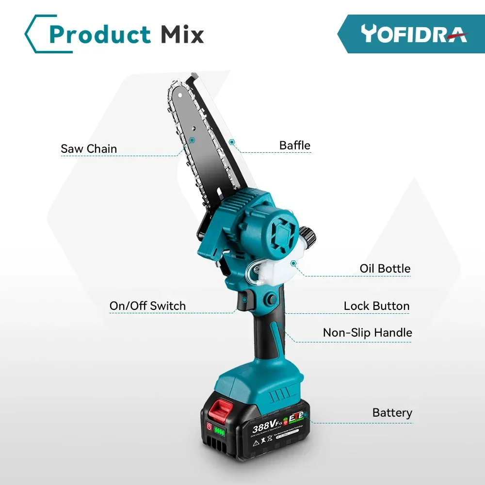 Yofidra-sierra eléctrica sin escobillas de 6 pulgadas, aceite lubricante en aerosol automático, herramienta de corte de sierra de registro inalámbrica para batería Makita de 18V