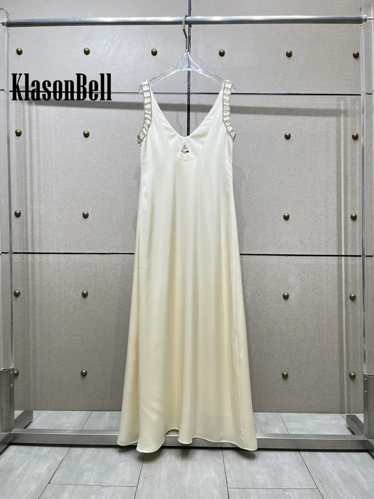 7.19 KasonBell Women Fashion Bling Rhinestone Design Party Maxi Dress Sexy V-Neck Hollow Backless Spaghetti Strap Evening Dress