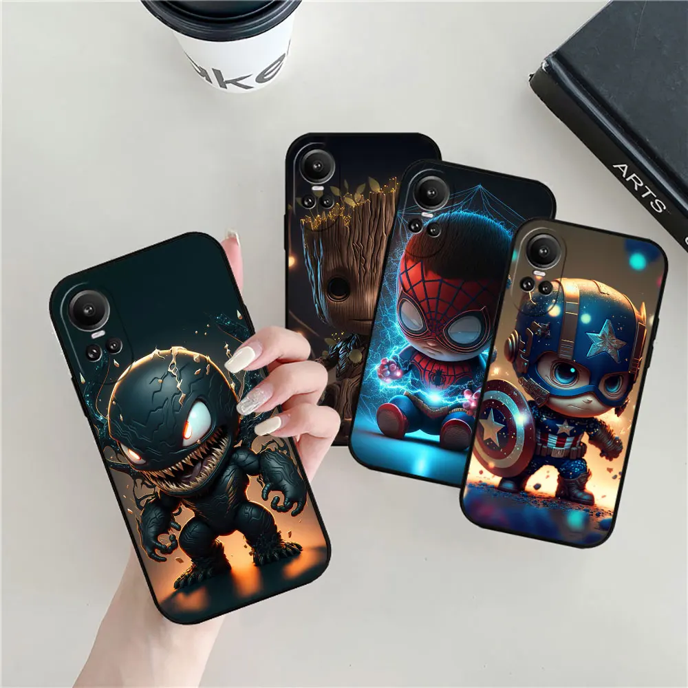 Baby Marvel Venom Groot SpiderMan Phone Case For OPPO Reno 11 11F 10 8 8T 7 7Z 6 6Z 5 4 3 2F Z ACE Pro Plus 5G Black Soft Cover