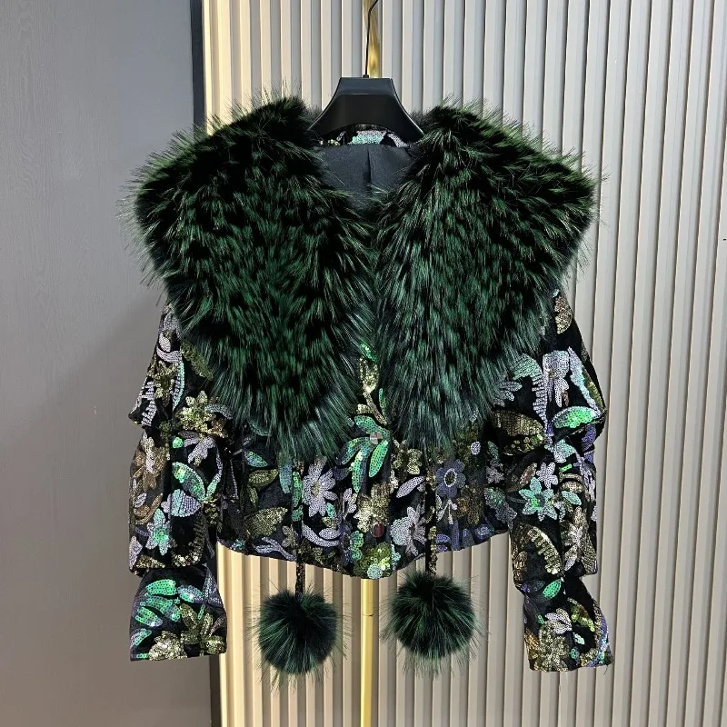 ファッション大型ファー襟キルティング厚手暖かいコート レディース スタイリッシュなスパンコールフェイクファー トップス 冬新作 ショート丈シングルブレストコート