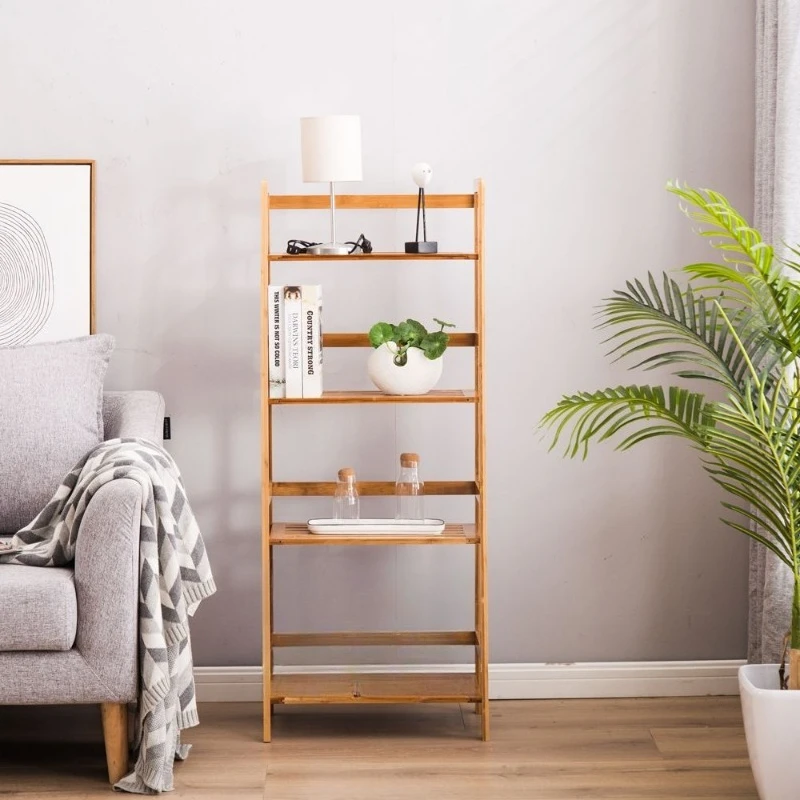Multifunctional trapezoidal four-layer bamboo bookcase with plant stand, flower pot display stand