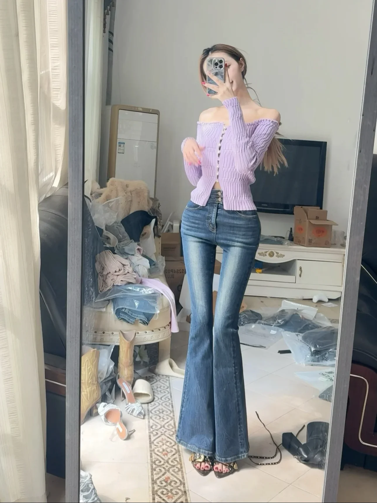 

High Waist Bell Bottom Jeans Women's Slim Fit Classic Style Wear Resistant Faded Double Buckle Design High Elasticity Jeans