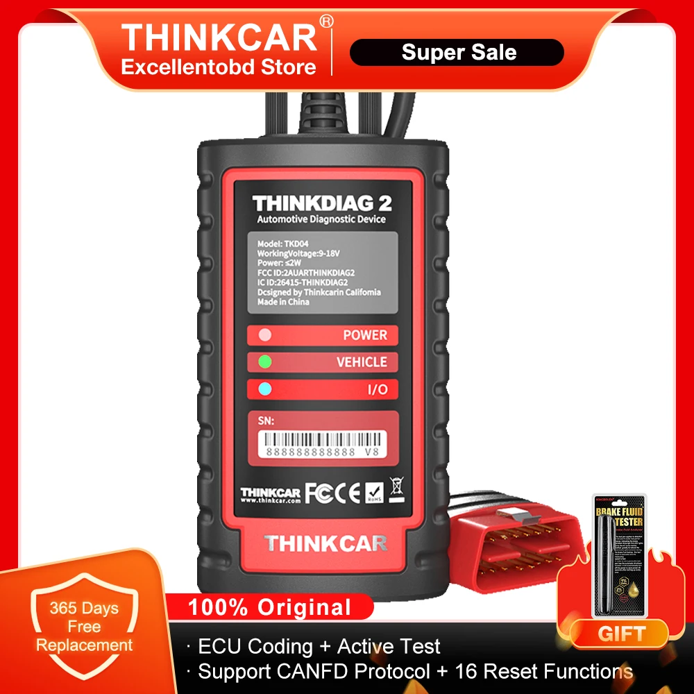 

THINKCAR Thinkdiag 2 Car Full System Diagnostic Tool OBD2 Scanner CANFD Protocol All Reset 1 Year Free Active Test ECU Coding