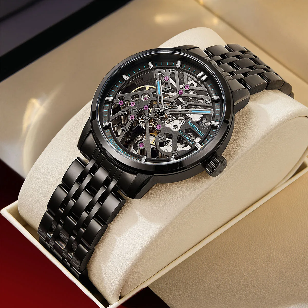 Mark Fairwhale Automatic Movement Fashion Black Steel Skeleton Watch Luminous Waterproof Mechanical Watches for Men Reloj Hombre