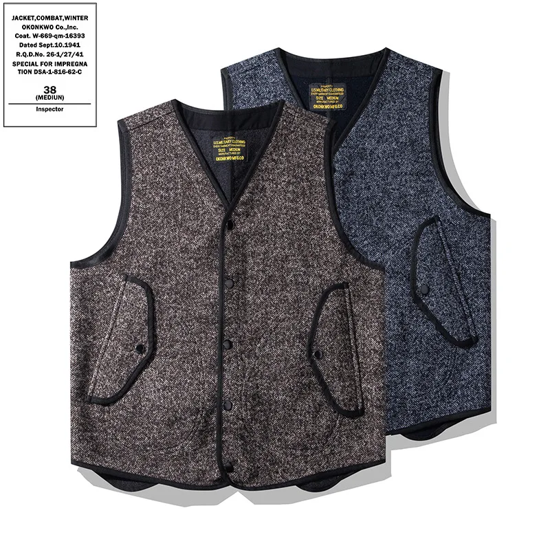 OKONKWO Amekaki Vintage British Coarse Flower Wool Vest Thick V-neck Warm Plush Waistcoat Outdoor Camp College Students Clothes