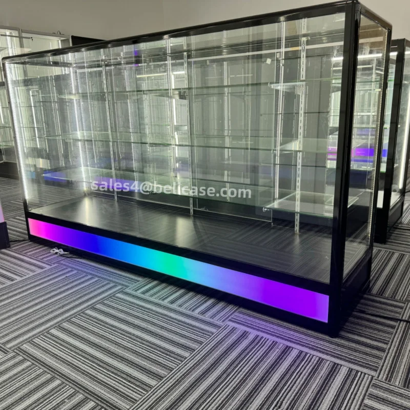 Customized fashion design glass display cabinet smoke shop display colorful base shop led showcase