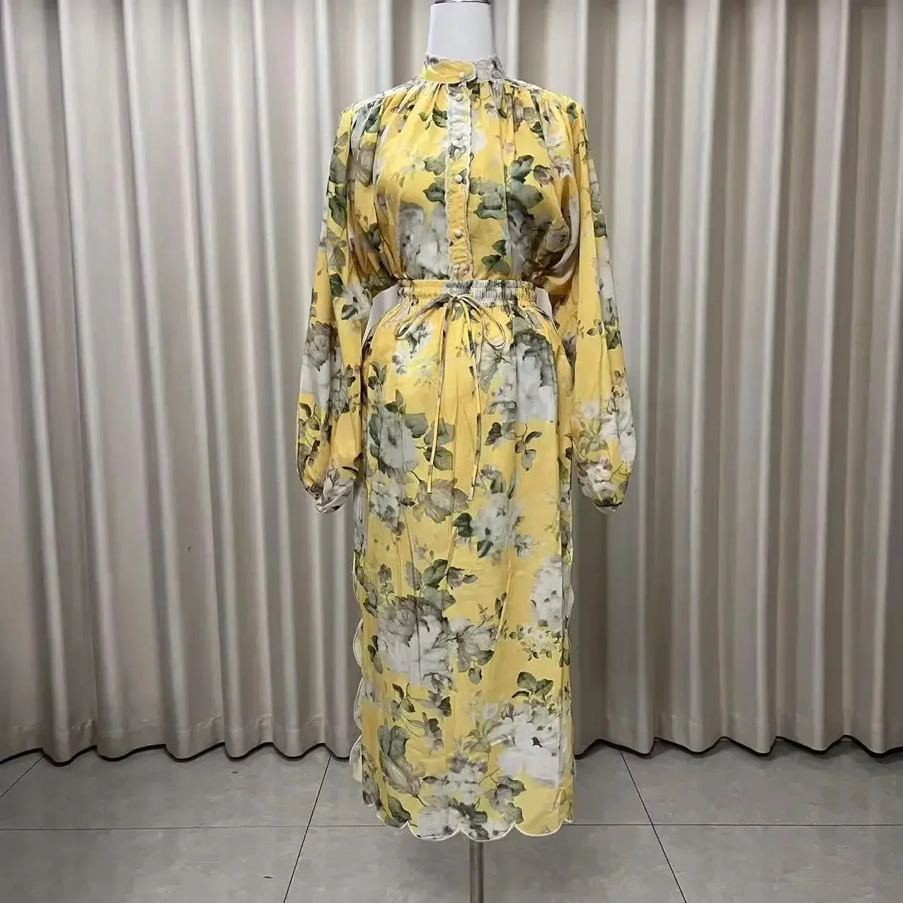 

Fashion Linen Suits Yellow Vacation Style New Printed Lantern Sleeve Shirt and Skirt Elegant Socialite Outfit Sets