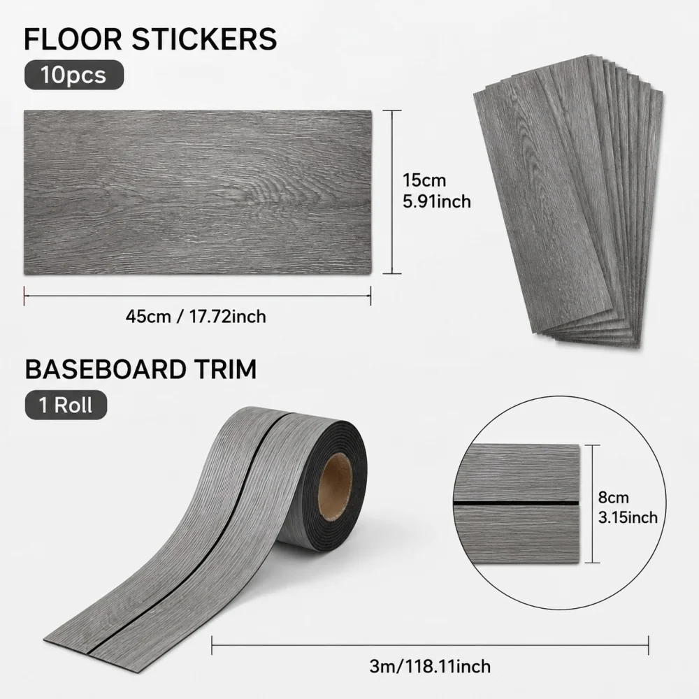 Self Adhesive Decorative Floor Stickers Paired with Skirting Boards Wood Texture Peel and Stick Waterproof Flooring Stickers