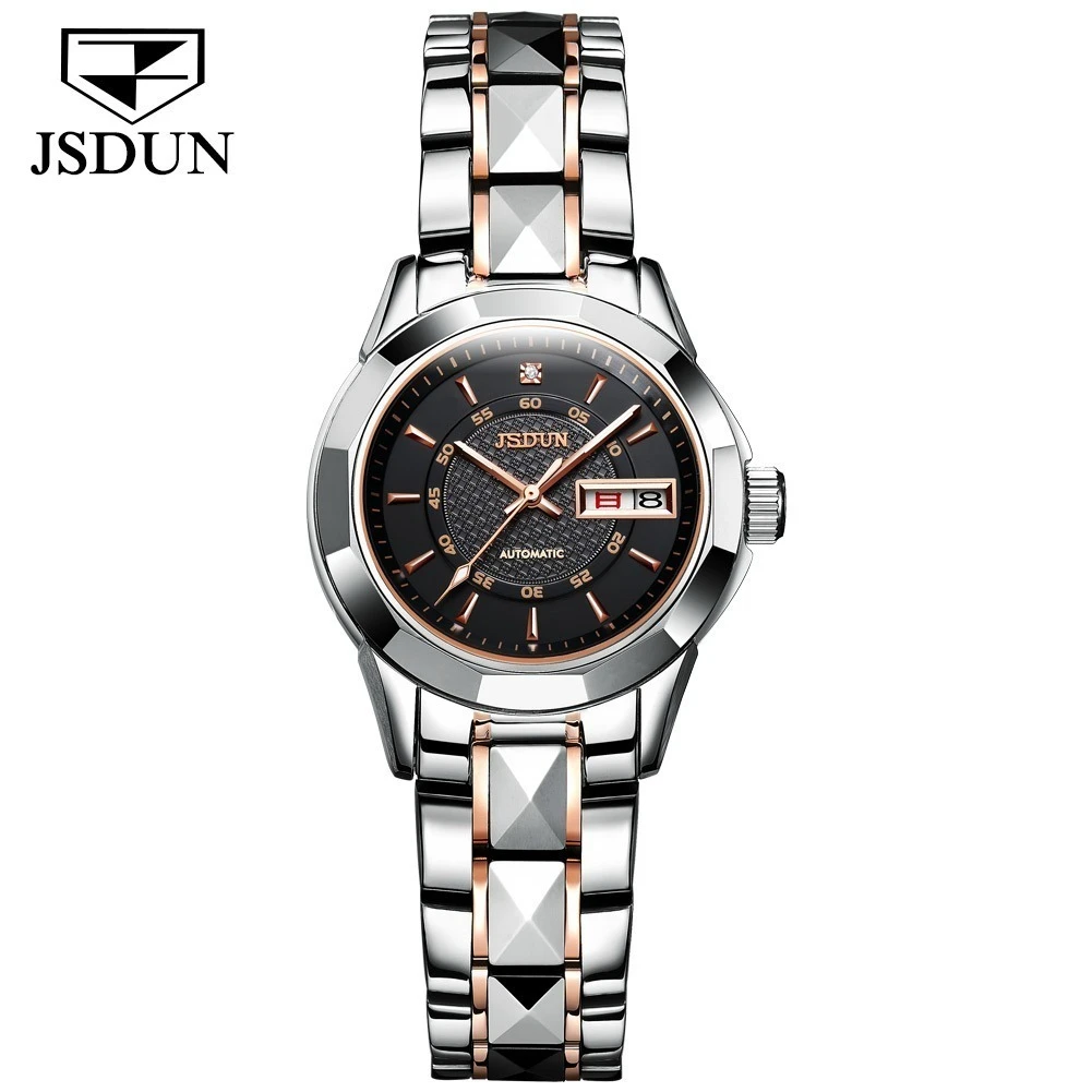 JSDUN 8014 Mechanical Business Watch Gift Tungsten Steel Watchband Round-dial Wristwatch Week Display Calendar