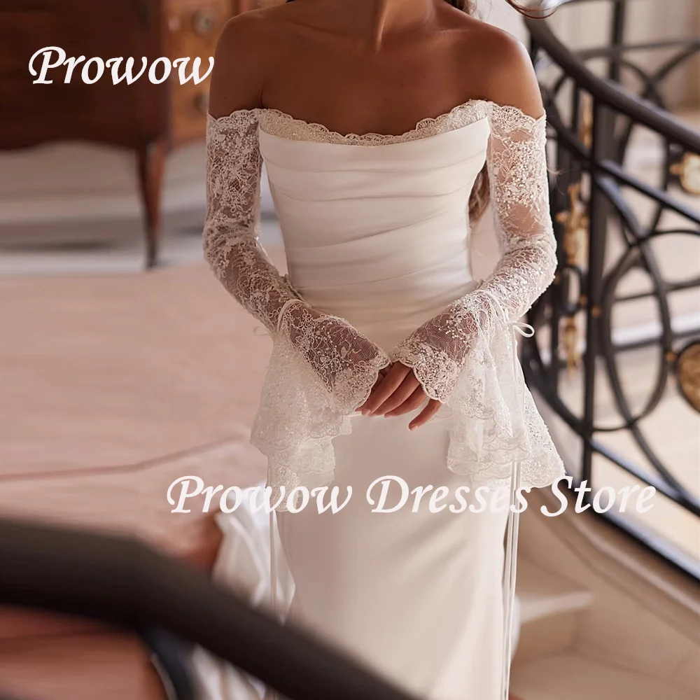 

Prowow Elegant Mermaid Wedding Dress Scoop Neck Off the Shoulder Bridal Gown Beading Full Sleeves Pleats Zipper Back Customized