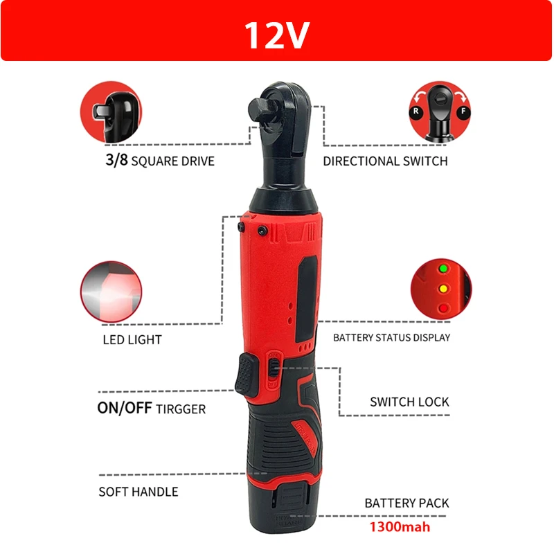 12V/18V Impact Wrench Cordless Rechargeable Electric Wrench 3/8 Inch Right Angle Ratchet Wrenches Impact Driver Power Tool