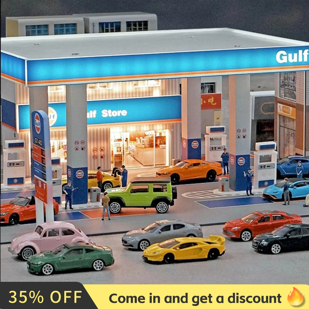 1/64 Diorama Tankstation Model LED Verlichting Stad Display Model Achtergrond Display Scène Model Collectie Speelgoed Geschenken