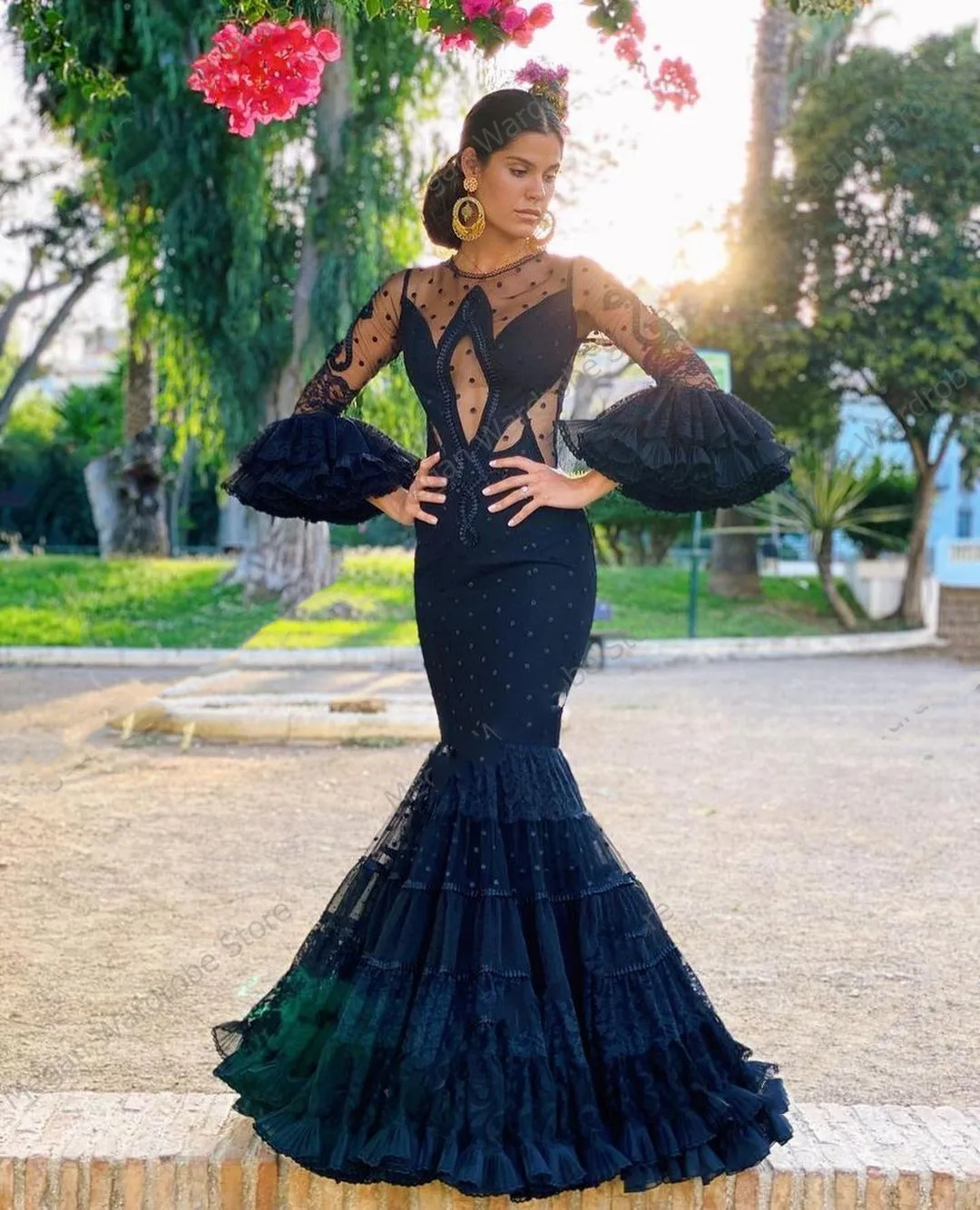 Black Polka Dots Tulle Mermaid Prom Dresses Women Spanish Flamenco Style Long Sleeve Illusion Mesh Evening Dress