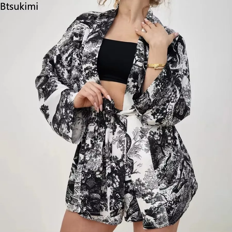 2025 Women's Spring Fashion Comfortable Soft Print Pajamas Two-piece Set Long Sleeve Cardigan Lace-up Top + Shorts Pajamas Set