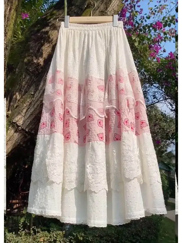 

Spring Summer New Design College Sle Lace Splicing A-Line Midi Skirt Women's Retro Countryside Wind f-length Skirt