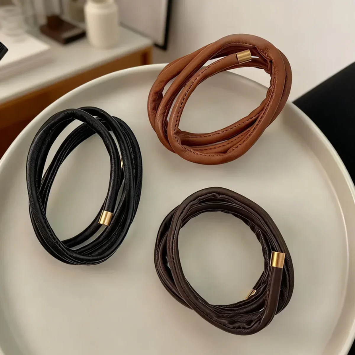 Multilayer Faux Leather Hair Tie Elegant Solid Color Hair Rope Women Ponytail Holder Fashion Daily Hairstyle Hair Accessories