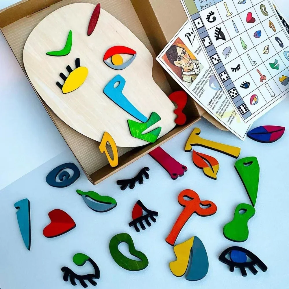 Wooden Montessori Face Puzzles Toys Preschool Early Educational Art Abstract Picasso Facial Puzzle Game Art Imagination Develop