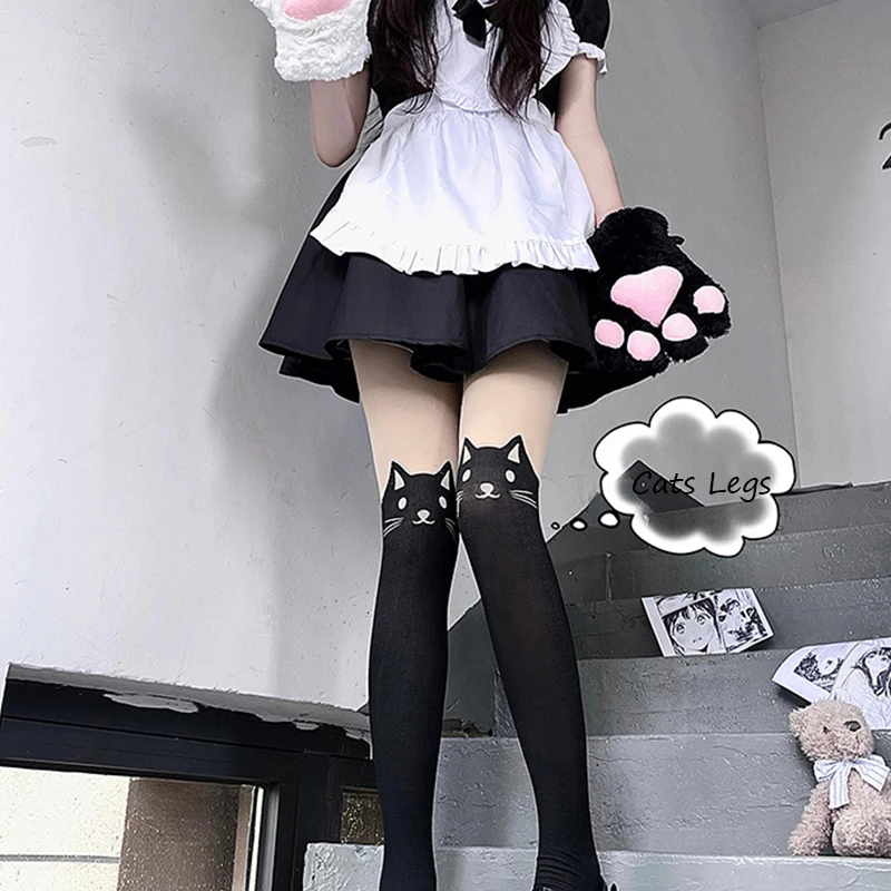 Medias de imitación hasta el muslo con estampado de gato sexy y lindo, pantimedias transparentes de imitación de gato negro por encima de la rodilla, medias ajustadas para mujer para uso diario y de fiesta.