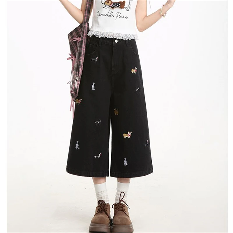 

Women's Many Small Dog Embroidery Patterns Calf-length Trousers Cool Girl Cropped Female Denim Shorts Summer Wide Leg Pants