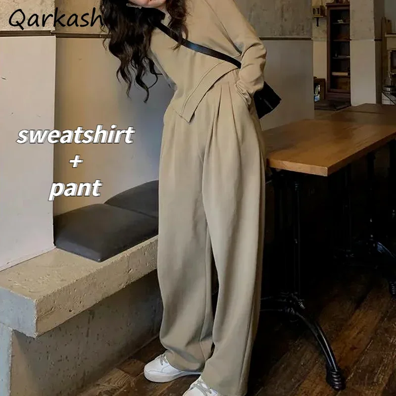 

Женские комплекты, свитшот нестандартной формы, шикарная осенняя мешковатая модная широкая брюки для мытья полов, корейская уличная одежда, повседневная нежная одежда из 2 предметов