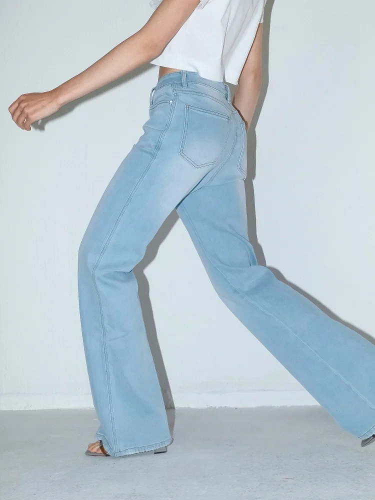 

Low Waist Flared Jeans Blue Highlight Waist Hip Ratio Casual Sle Zipper High Waist Wide Leg Pants Cotton Material