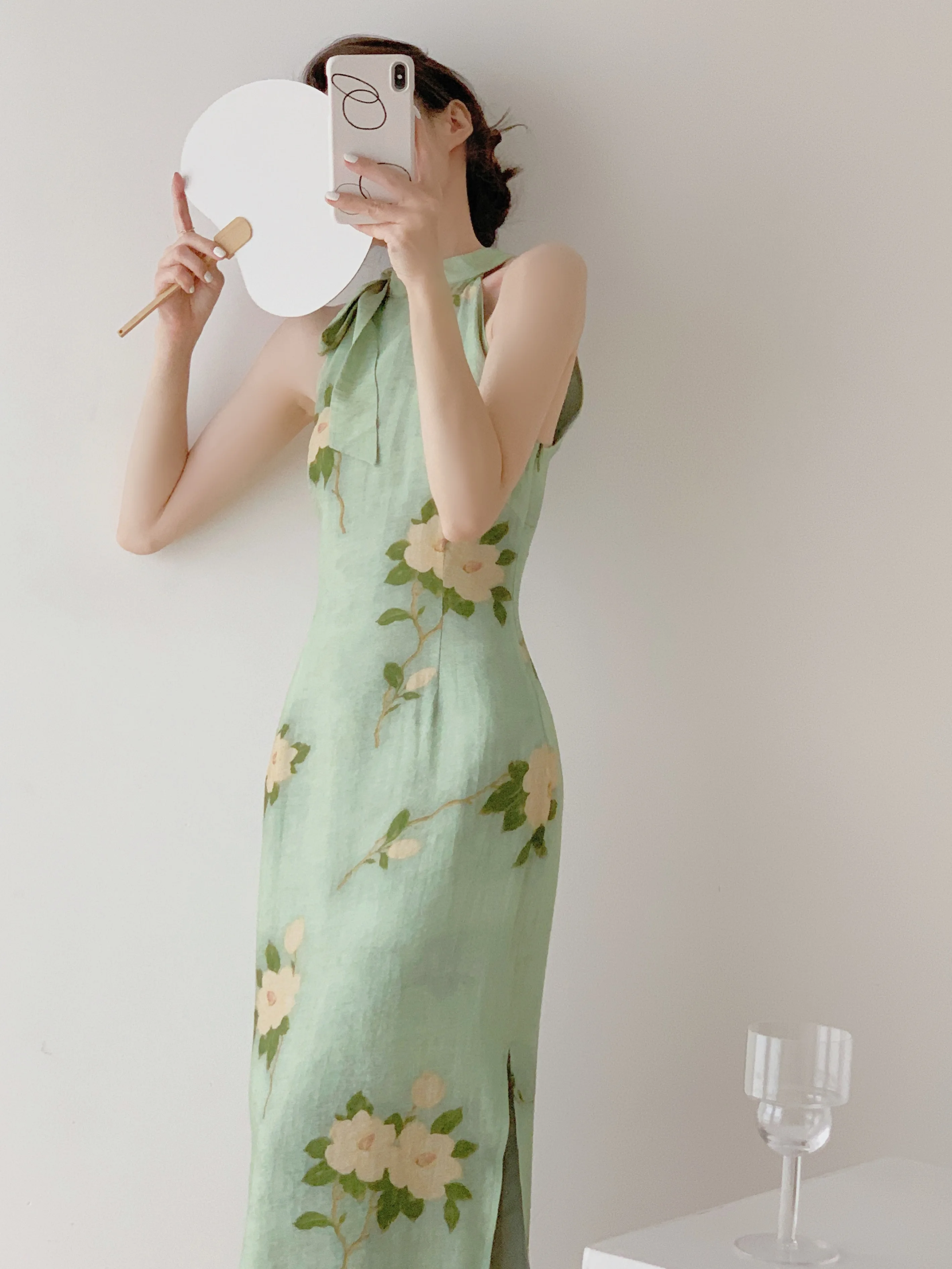 

RosEvans Retro White and Green Tone Improved Design Cheongsam Summer Dress with Straps Shoulders Streetwear Vestido Feminino