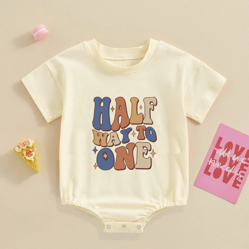 Half Way To One Birthday Bubble Romper Baby Half Large Bodysuit Infant 6 Month Old Outfit 6 Month Photoshoot 1/2 Birthday Shirt