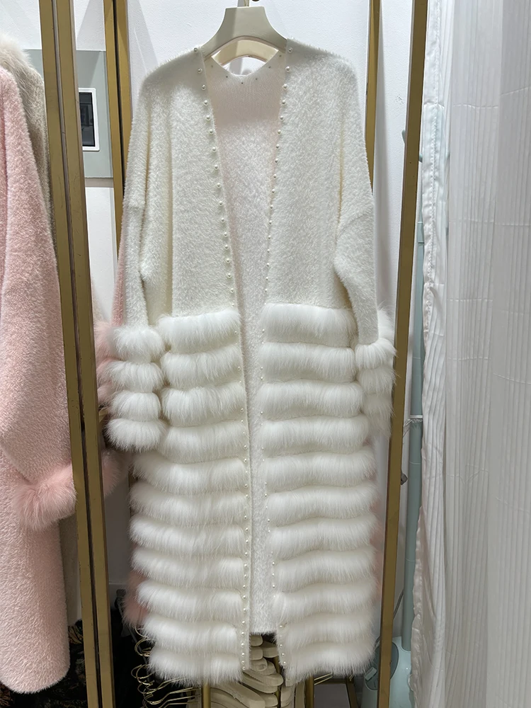 Spring Women White Real Fox Fur Knitting OverSize Pink Fox Fur Decoration Lady's Autumn Long Sweater Jacket Coat