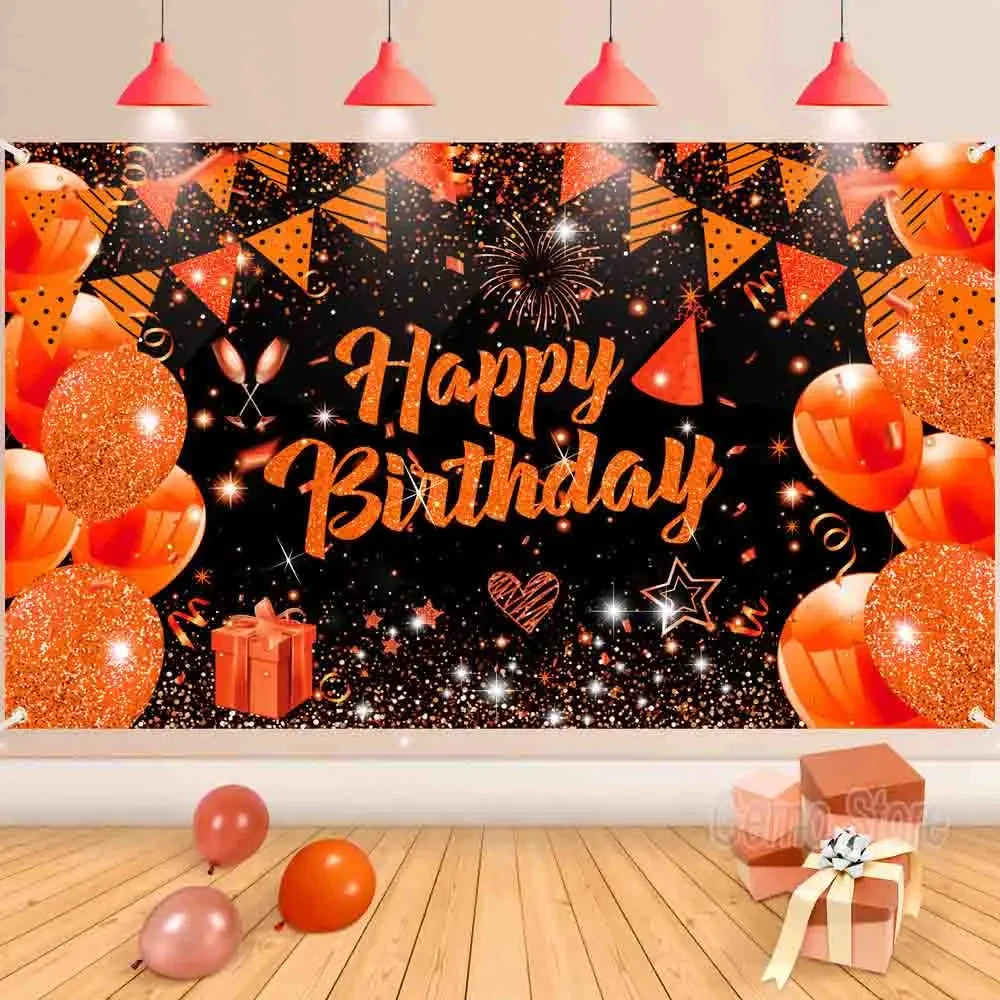 Orange Birthday Banner Decorations Happy Birthday Backdrop Champagne Glass Balloons Photo Booth Background for Girls Women Men