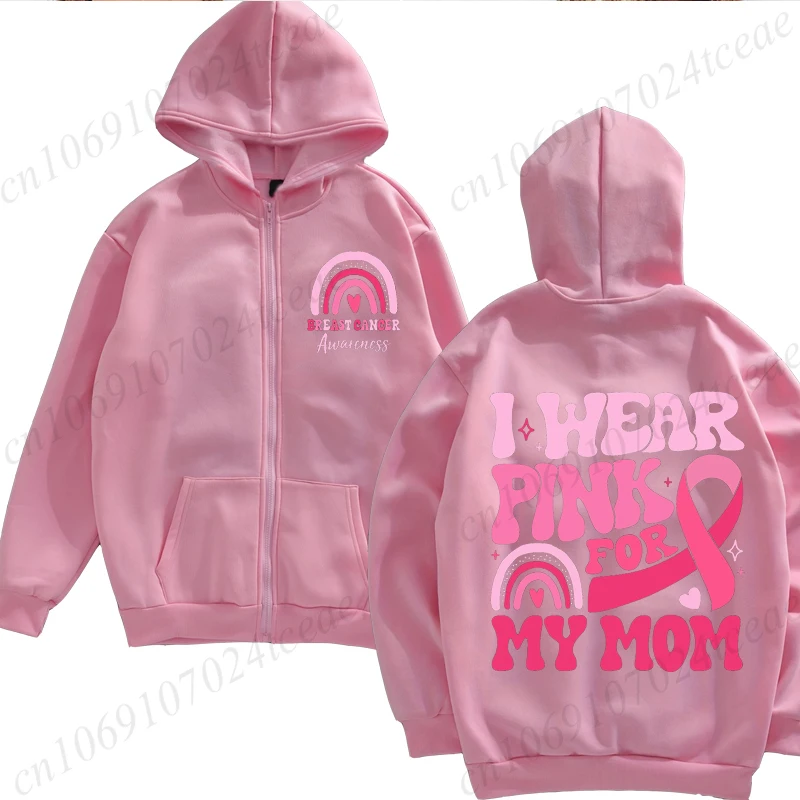 

I Wear Pink for Breast Cancer Толстовки на молнии с принтом для женщин Розовая лента с поддержкой Squad Флисовые толстовки Трендовые куртки на молнии