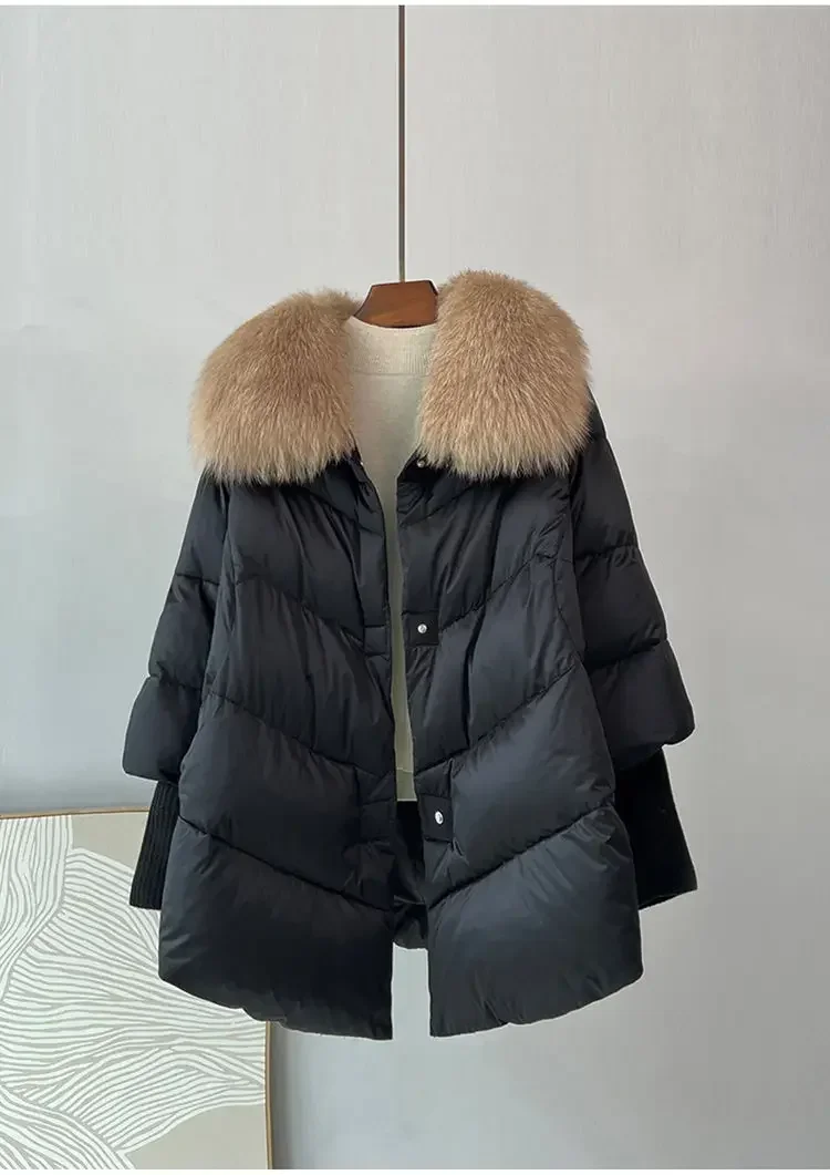 Winte White Down Duck Parka Big Fur Collar Cotton Padded Jacket Women Loose Puffer Coat Lightweight Poacket Female Outerwear