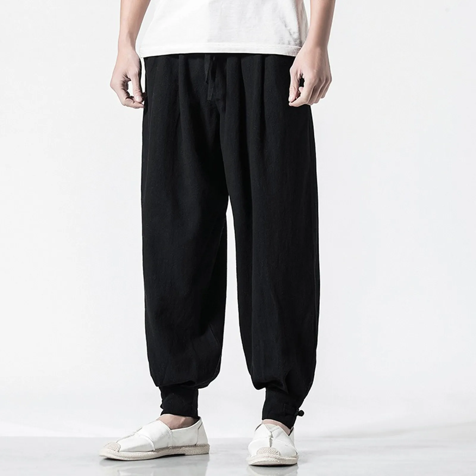 Men Drawstring Pants Summer Baggy Boho Yoga Loose Casual Drop Crotch Trouser With Pockets Cotton Casual Loose Trousers