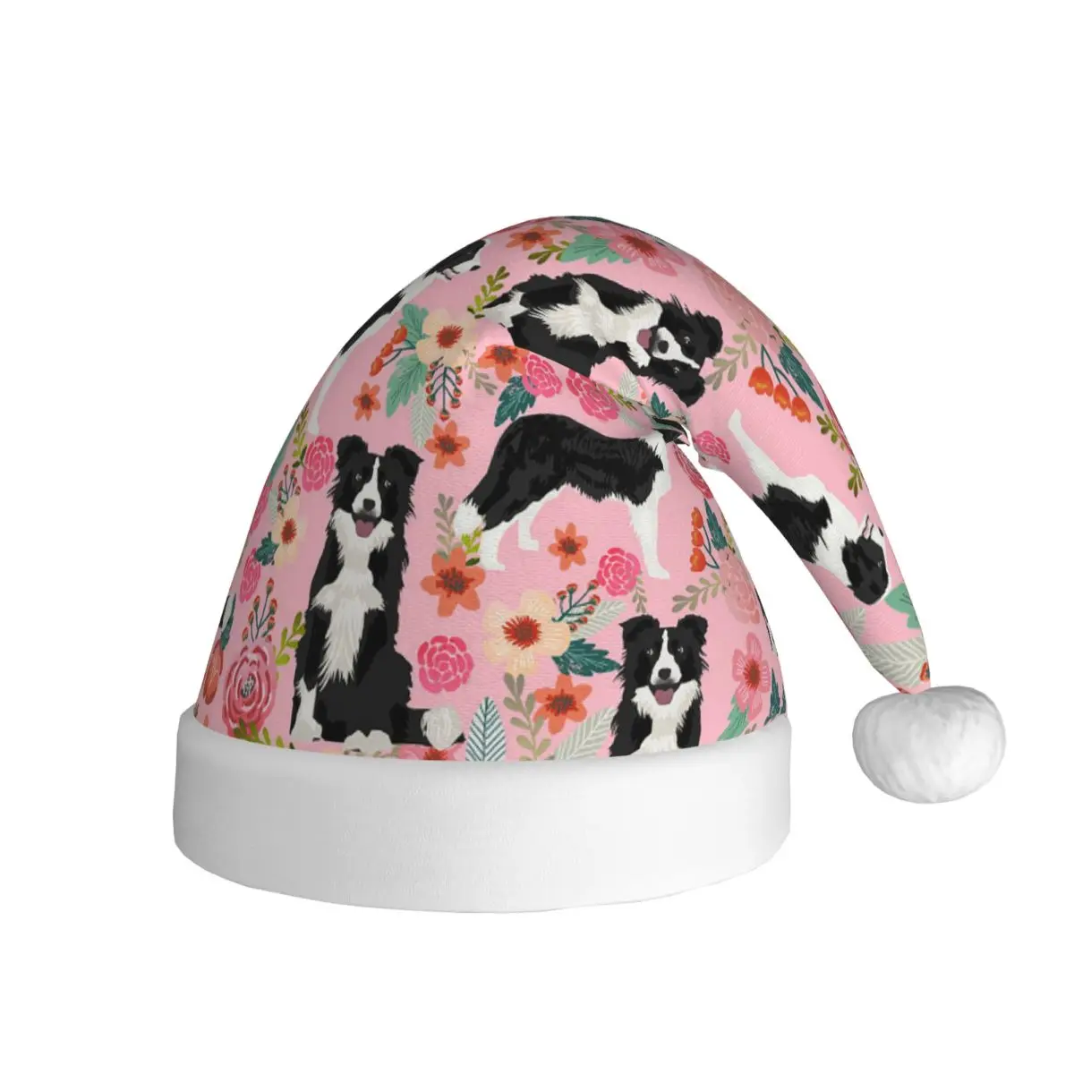 Border Collie Pink Floral Dog Christmas Hat for Adult Men Women Animal Santa Hat Cap Xmas Gifts