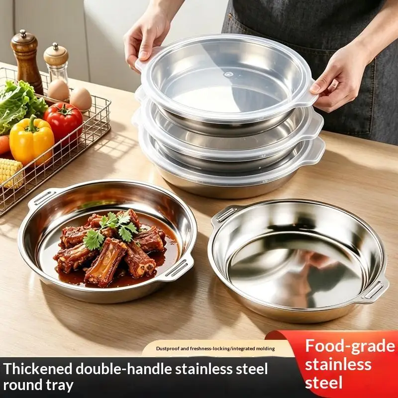 Round Stainless Steel Food Storage Container With Lid Grade- Airtight Tray For Leftovers Snack Box Refrigerator Kitchen Tool