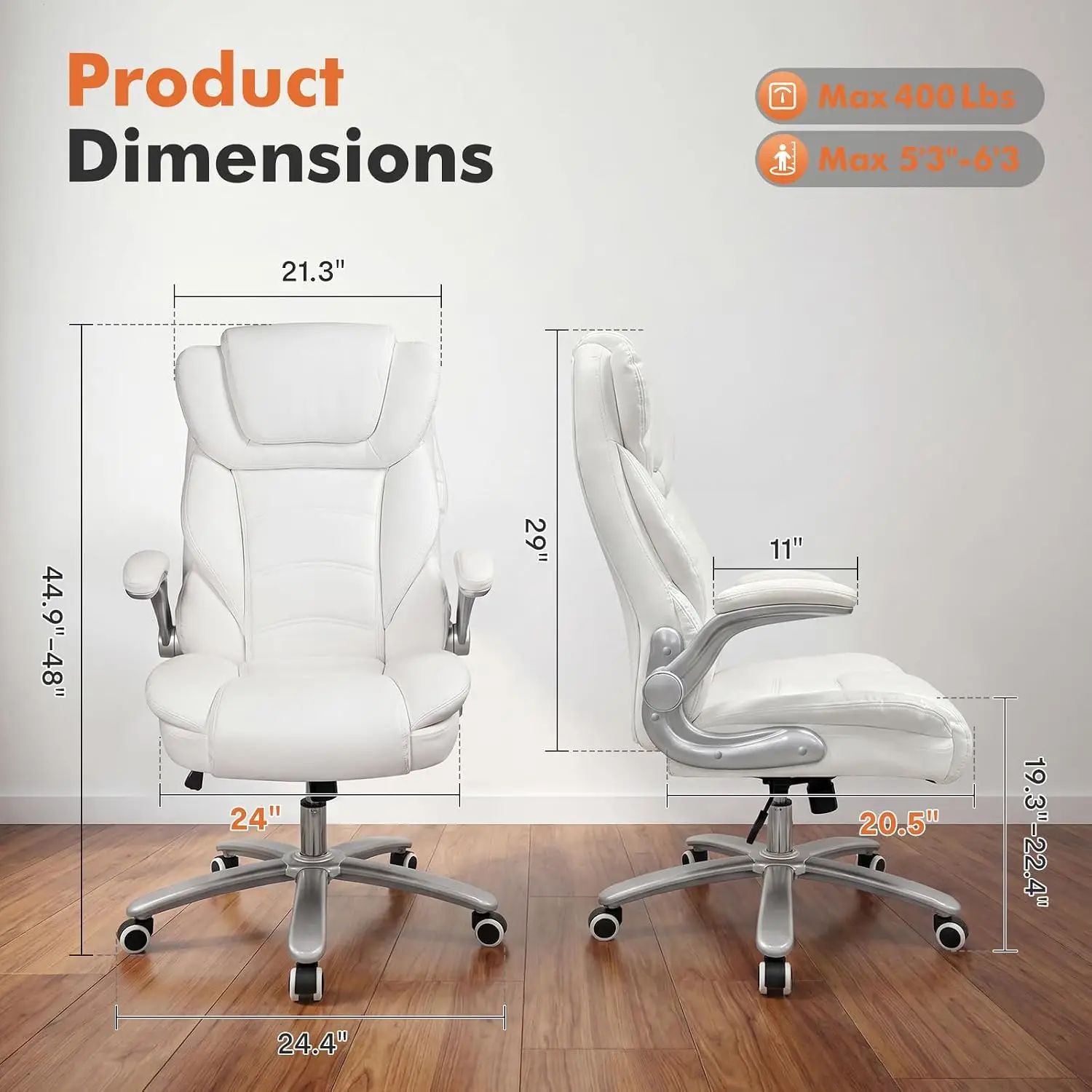White Leather Executive Office Chair, High Back Wide Seat Flip Arms Lumbar Support Heavy Duty Base Home Conference, Customized