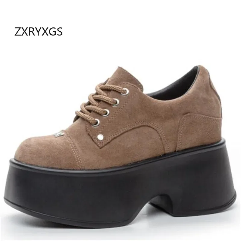 ZXRYXGS Frosted Cowhide Autumn Single Shoe Platform Internal Elevation Shoes 2024 Elegant Fashion Warm Winte Shoes High Heels