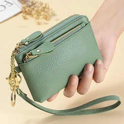 Genuine Leather Women Coin Zipper Pocket Mini RFID Blocking Wallet with cash Card Slots Zipper Around Wristlet Keychain