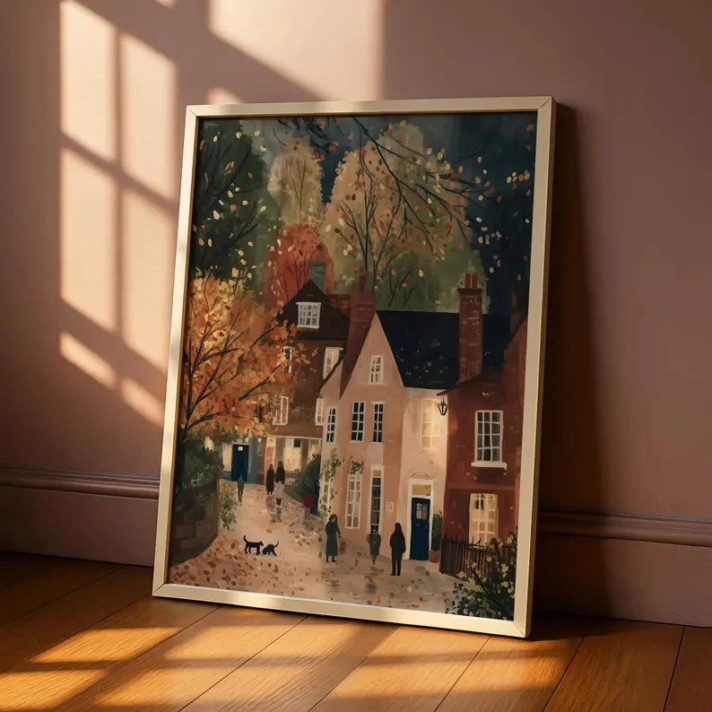 Retro Autumn Cozy Street Scene Wall Art Print Canvas Painting Poster Picture For Living Room,Bedroom Home Decor