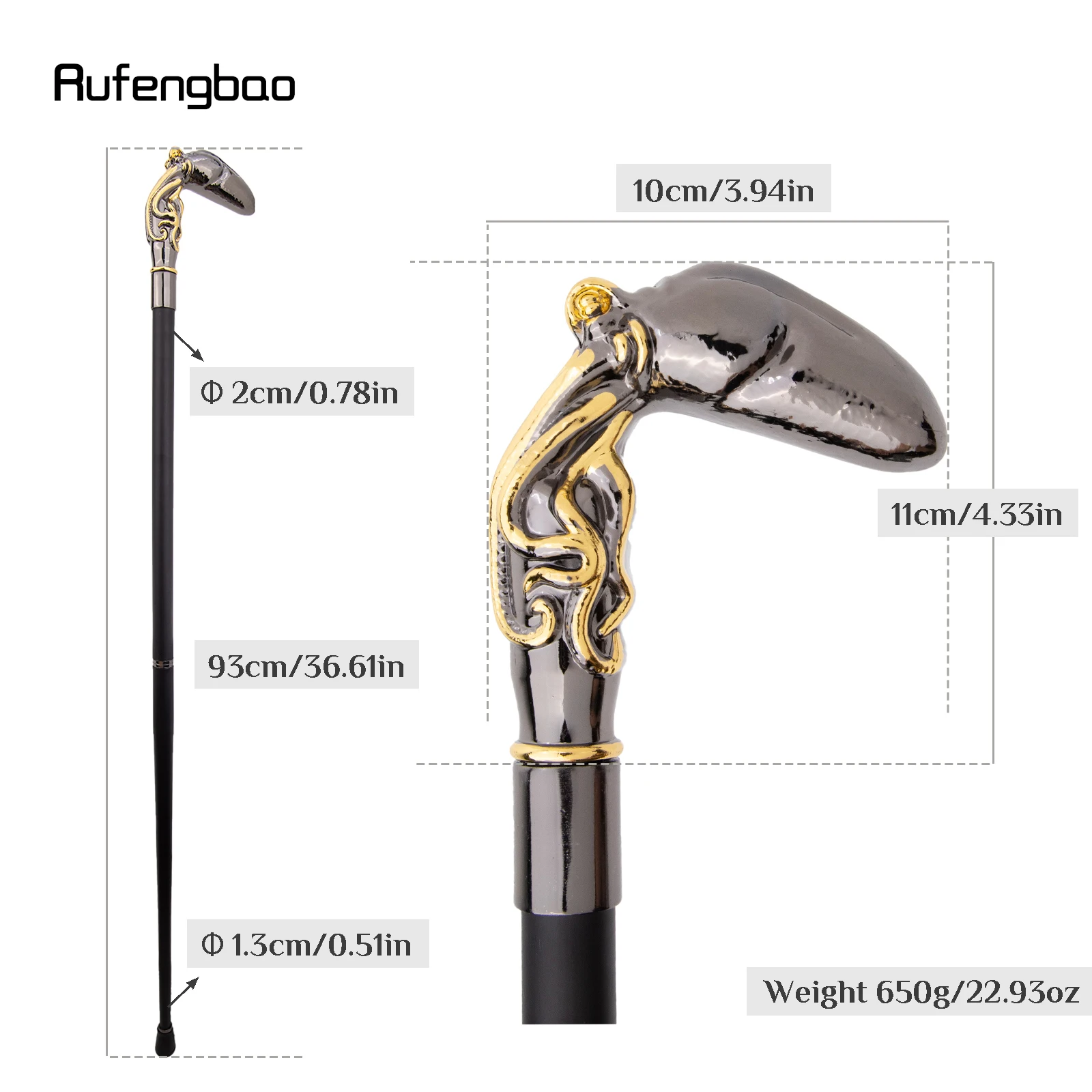 Golden Black Octopus Fish Squid Walking Cane Fashion Decorative Walking Stick Gentleman Performance stage Cane 93cm