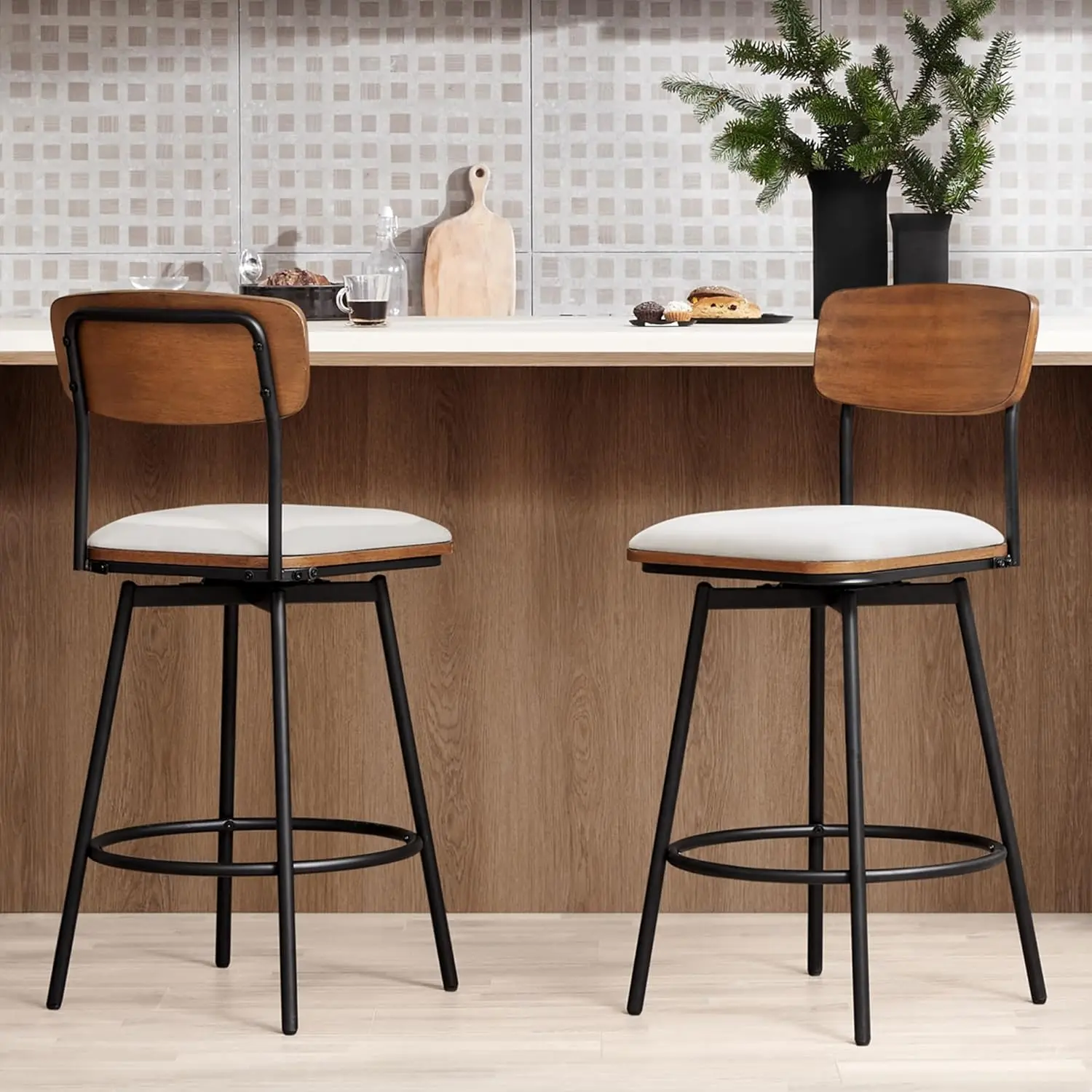 Swivel Counter Height Bar Stools with Back, Fabric Upholstered Barstools Set of 2, 27" Seat Height, Metal & Wood Frame, Cream