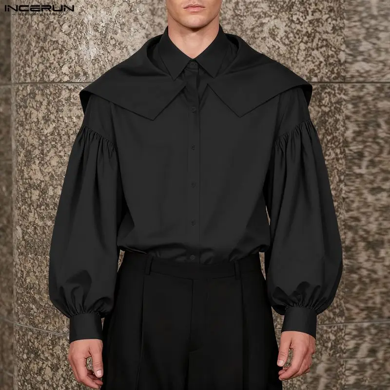 INCERUN 남성 셔츠 솔리드 컬러 라펠 긴 소매 버튼 캐주얼 남성 의류 루즈 스트리트웨어 패션 불규칙 셔츠 남성 상의