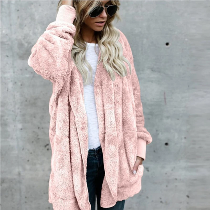 Faux Fur Coat Women 2023 Autumn Winter Warm Soft Long Fur Jacket Outwear Plush Overcoat Pocket Open Stitch Cardigan with Hood