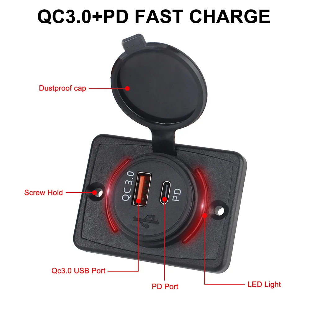 For Car Marine Boat RV Waterproof QC3.0+PD LED Light Car Charger Car USB Port Charger 12-24V Car Charger Panel Socket Adapter