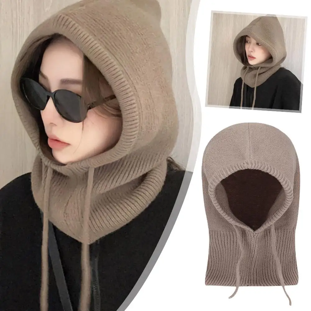 Balaclava Hats Women Knitted Hooded Caps Winter Korean Outdoor Warmer Hats Collar Drawstring One-piece Cap Style Beanies Ne J2w9